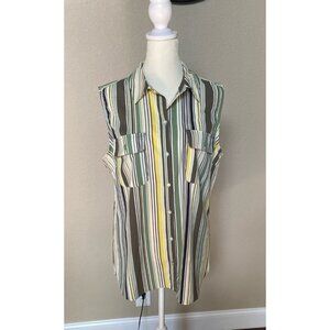 Lee Olive Green Tan Stripe Lightweight Sleeveless Button Down Top Sz Large 12-14